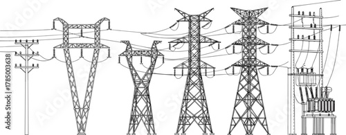 Electrical transmission and distribution structures illustration, power line towers and utility poles, energy grid infrastructure, cad drawing flat vector illustration