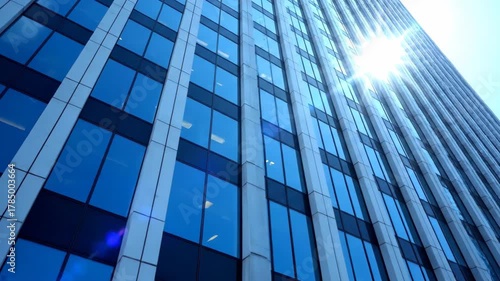 Sunlight reflecting off modern glass skyscraper facade in urban setting.