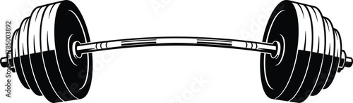 Heavy loaded barbell black and white illustration, strength training concept, gym workout gear, fitness equipment, powerlifting vector art