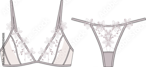 Lingerie thong bra set, floral embroidery sheer fabric, intimate apparel fashion, feminine elegance, clothing design, cad drawing flat vector illustration