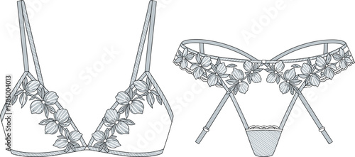 Lingerie fashion design, floral embroidery bra panties set, intimate apparel illustration, feminine elegance, textile pattern, cad drawing flat vector illustration