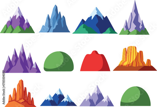 Mountain and hill terrain vector set, stylized geological formations, colorful landscape icons, nature illustration, cad drawing flat vector illustration