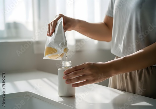 Refilling Lotion Bottle Person Pouring Liquid into Container for Skincare