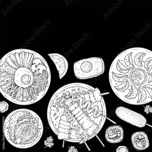 Korean food frame. Hand drawn top view Korean food dishes vector sketch illustration. Bibimbap, odeng, kimcgi, mandu, corn dog, kimbap, egg bread