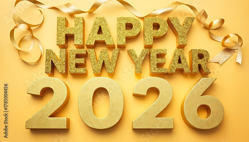 2026 Happy New Year greeting card, new year poster. New year banner. Sparkles, fireworks and ribbons of new year illustration