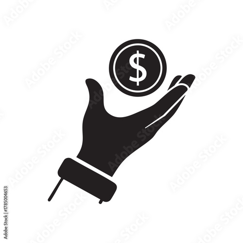 Black silhouette of a hand holding a dollar coin isolated on transparent background