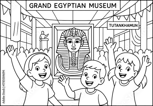 hand drawn vector illustration of Grand Egyptian Museum coloring page for kids