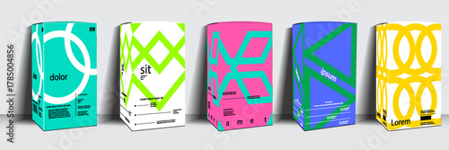 A collection of five modern packaging designs featuring bold geometric patterns and vibrant colors. Each package displays unique branding elements and typography