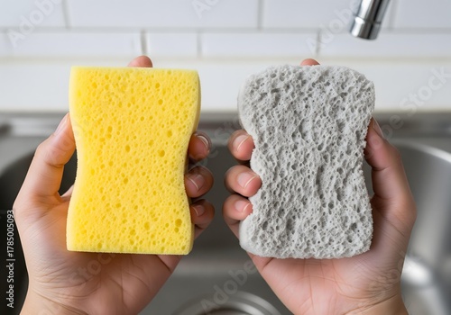A visual comparison of a pristine new cleaning sponge versus a worn-out, used one, highlighting the concept of replacement and hygiene in household chores