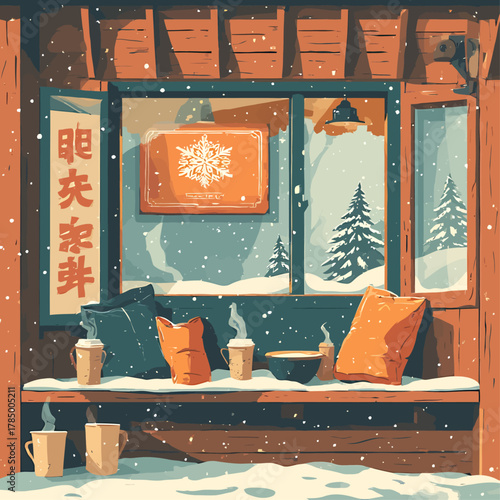 A cozy flat design illustration of a warming hut or rest stop at the Harbin International Ice and Snow Sculpture Festival, offering a comforting respite from the cold