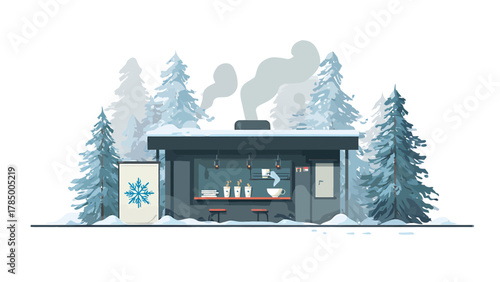 A cozy flat design illustration of a warming hut or rest stop at the Harbin International Ice and Snow Sculpture Festival, offering a comforting respite from the cold