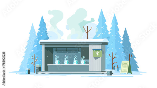 A cozy flat design illustration of a warming hut or rest stop at the Harbin International Ice and Snow Sculpture Festival, offering a comforting respite from the cold