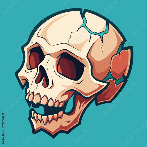 Cracked human skull with open jaw and red eyes on teal background