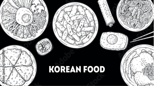 Korean food frame. Hand drawn top view Korean food dishes vector sketch illustration. Bibimbap, pajeon, kimbap, tteokbokki, japchae, samgyetang, egg bread