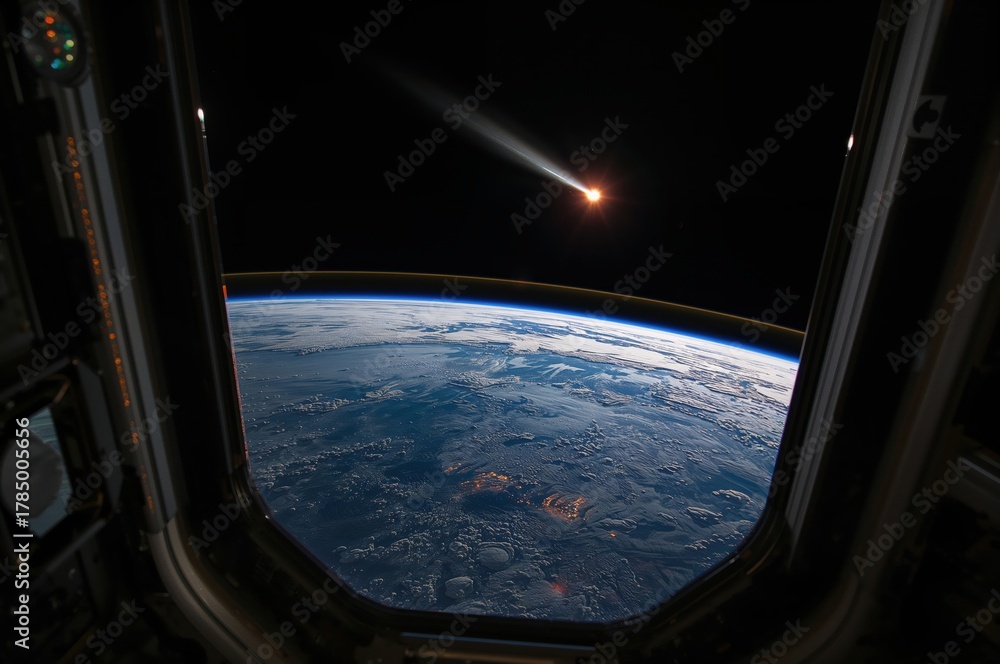 Fototapeta premium Comet rising above Earth’s curved horizon viewed through Space Station window reflection