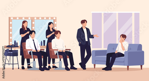 K-pop group in the dressing room before a concert for entertainment industry content and promotional visuals