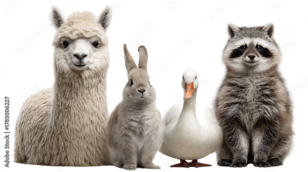 Obraz premium A group of farm and wild animals including llama, rabbit, duck, and raccoon, isolated on transparent background