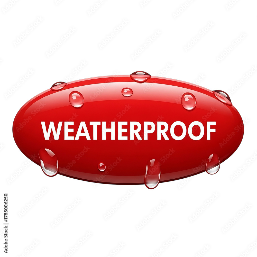 Fototapeta premium Red oval shape with the word weatherproof and water droplets isolated on transparent background
