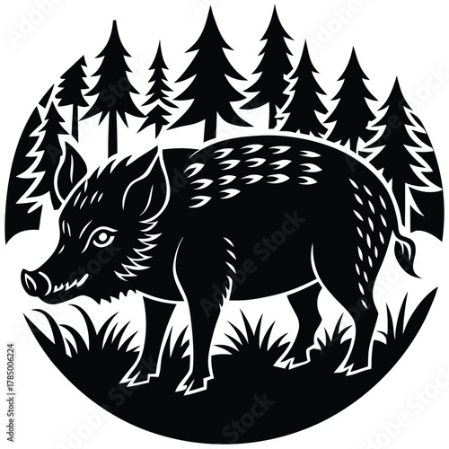 Wild boar illustration in forest for hunting design or animal wildlife decoration use
