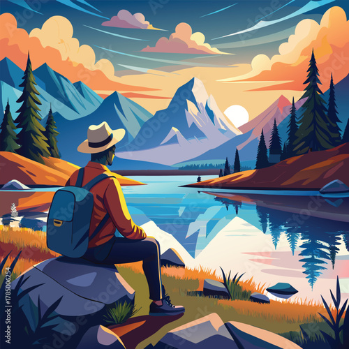 Peaceful mountain lake view with a lone traveler enjoying sunset