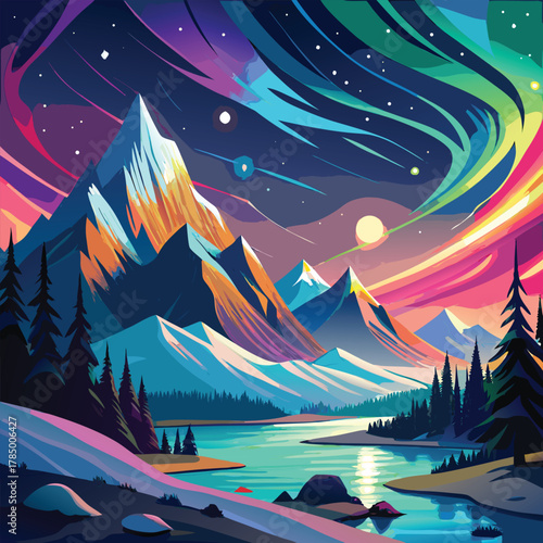 Colorful mountain landscape with aurora borealis and reflective water surface