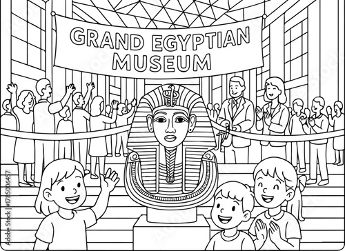 hand drawn vector illustration of Grand Egyptian Museum coloring page for kids