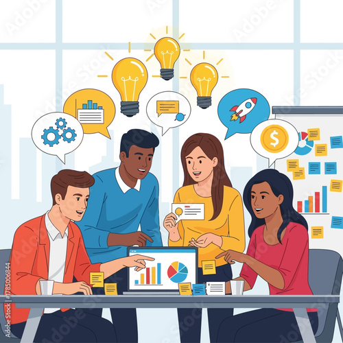 Startup team planning new project — business innovation and strategy concept, flat 2D vector illustration