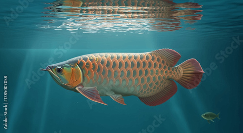Golden Arowana Fish Swimming in Blue Water.