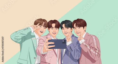 K-pop group taking a selfie for social media content and fan engagement materials
