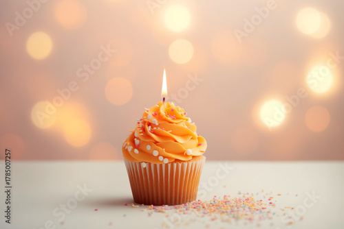 cupcake orange color one with sprinkles and candle