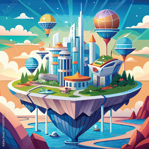 Futuristic City on Floating Island with Balloons and Waterways Art