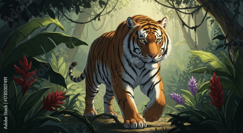 Majestic Tiger Walking Through Lush Jungle.