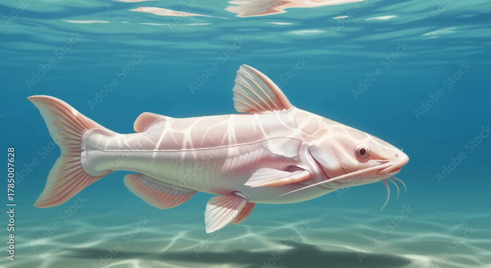Naklejka premium Pink Catfish Swimming Underwater in Clear Blue Water.