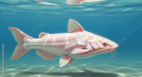 Pink Catfish Swimming Underwater in Clear Blue Water.