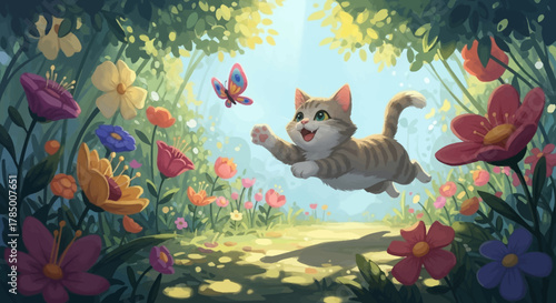 Playful Kitten Reaching for Butterfly in a Whimsical Floral Garden.