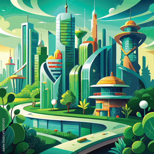 Futuristic eco city vision, green buildings, advanced technology, urban landscape