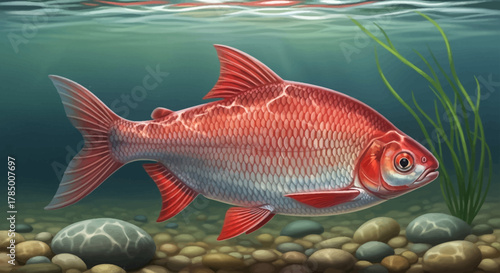 Red Rudd Fish Swimming in Freshwater Habitat with Aquatic Plants and Pebbles.