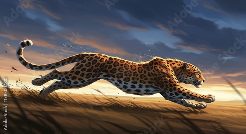 Running Leopard Illustration - A Powerful Feline in Motion.