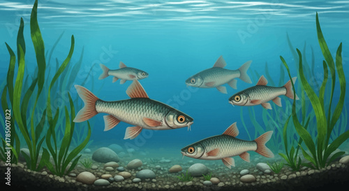 School of Rudd Fish Swimming in Aquatic Habitat with Green Plants.