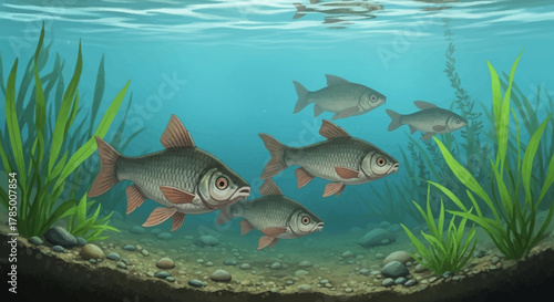 School of Silver Carp Swimming in Aquatic Habitat with Green Plants.