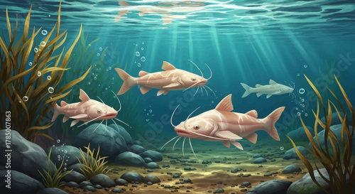 School of Catfish Swimming in a Freshwater Habitat with Aquatic Plants and Sunlight.