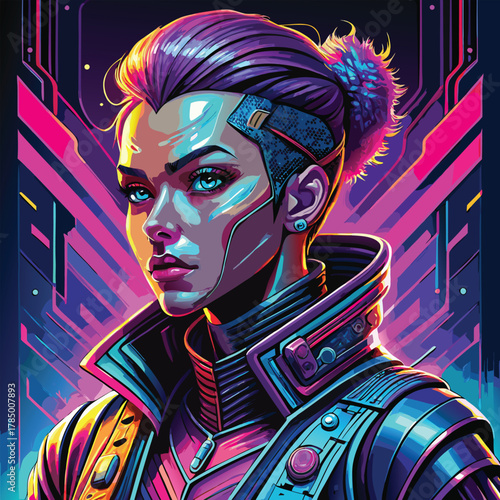 Cyberpunk woman portrait with futuristic apparel and neon background cyberpunk