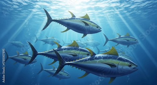 School of Yellowfin Tuna Swimming in Ocean Waters with Sun Rays.