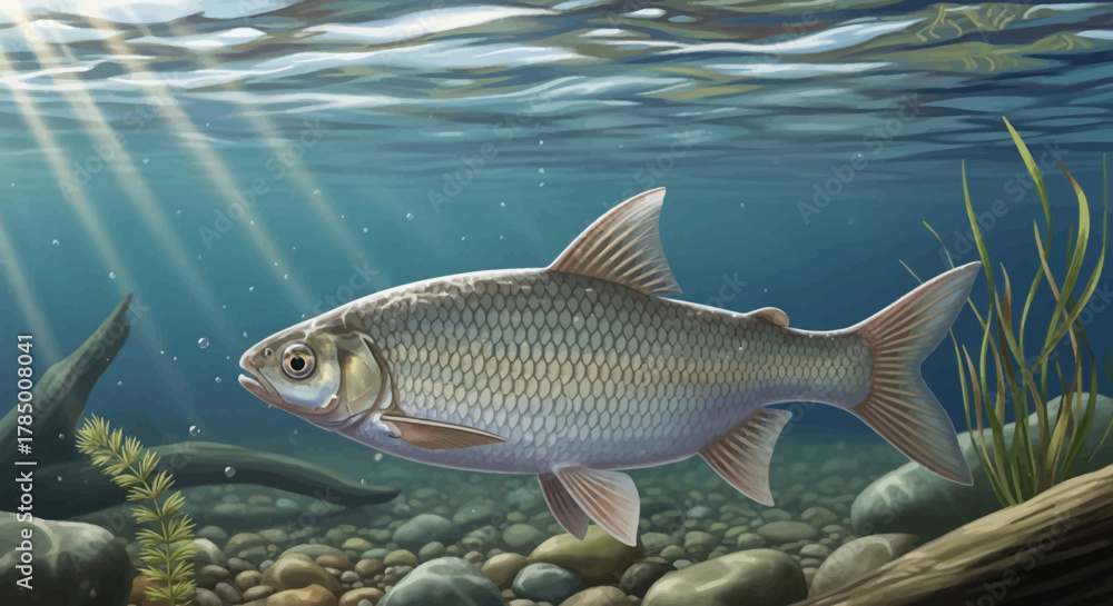 Naklejka premium Silver Chub Fish Swimming in Clear Water with Sun Rays.