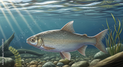 Silver Chub Fish Swimming in Clear Water with Sun Rays.