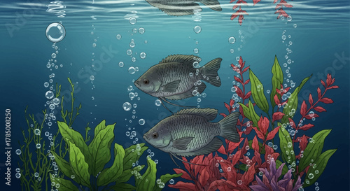 Two Gourami Fish Swimming in an Aquarium with Bubbles and Aquatic Plants.