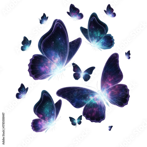 A swarm of cosmic butterflies with glowing wings, isolated on transparent background perfect for magical and ethereal themes