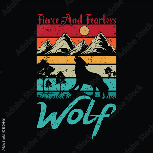 Vintage Wolf Howling at Moon in Mountains Retro Sunset