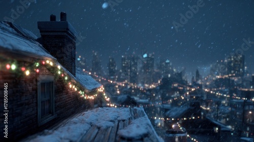 A snowy rooftop with a Christmas light,