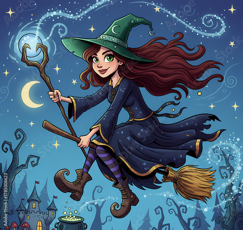 Beautiful young Witch flying on broomstick